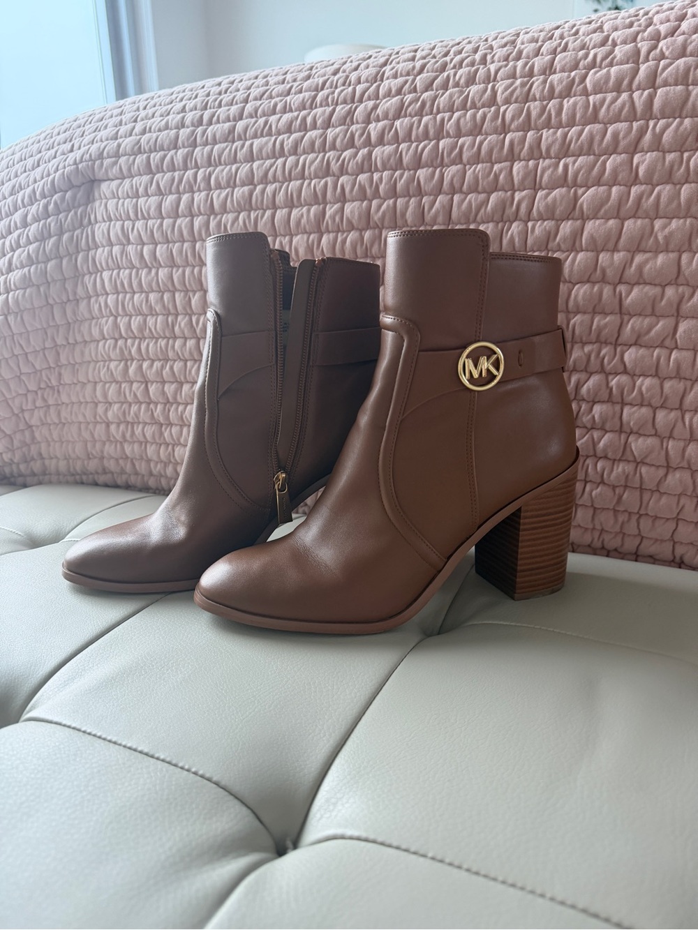 MICHAEL KORS Chestnut Brown Leather MK Logo Block Heel Ankle Boots